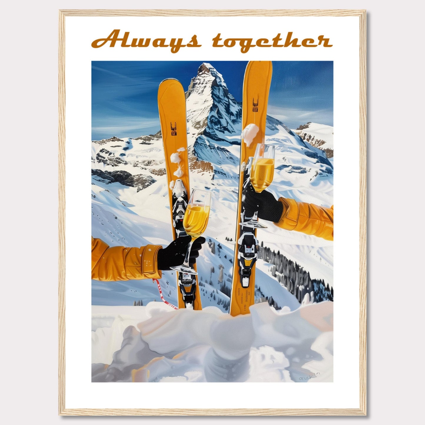 This image showcases a picturesque winter scene with two skiers celebrating on a snowy mountain. The central focus is on the skis and champagne glasses, symbolizing a joyous moment shared together.