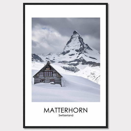 This stunning photograph captures the iconic Matterhorn in Switzerland, with a charming wooden cabin nestled in the snow-covered landscape. The majestic peak rises dramatically against a cloudy sky, creating a breathtaking scene of natural beauty.