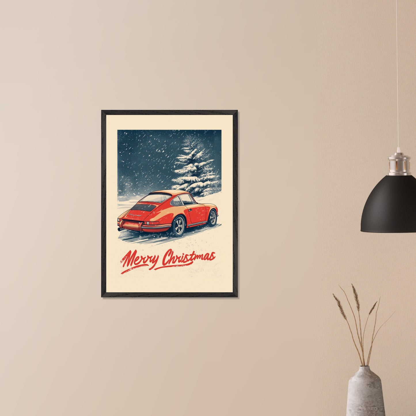 This nostalgic holiday poster features a striking red Porsche driving through a snow-covered landscape, with festive snowflakes gently falling around the scene. A snowy tree and soft winter hues create a cozy and festive atmosphere. The bold "Merry Christmas" typography adds an extra touch of holiday cheer, making it a perfect way to celebrate the season with a classic car enthusiast's touch.