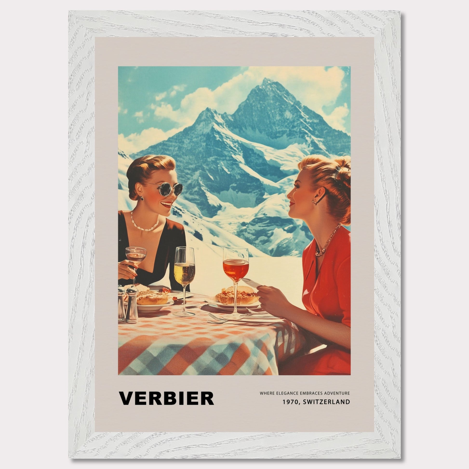 This glamorous poster showcases the refined charm of Verbier, featuring two elegantly dressed women enjoying an alfresco meal with breathtaking alpine peaks as their backdrop. The scene embodies a perfect blend of sophistication and adventure, inviting viewers to savor the unique allure of this Swiss ski destination.