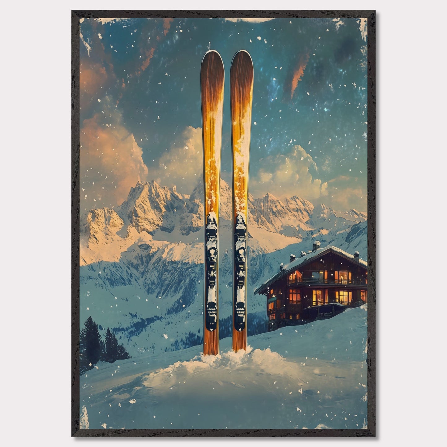 This enchanting poster portrays a serene winter scene with a skier gracefully gliding through untouched snow. The tranquil beauty of the snowy landscape, combined with the soft hues of a setting sun, creates an atmosphere of peace and connection with nature. The minimalistic style emphasizes simplicity and elegance.