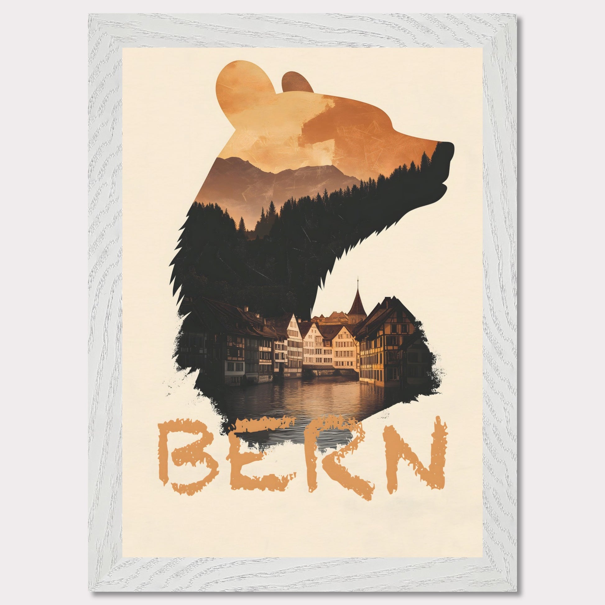 A captivating travel poster that merges Bern’s iconic bear symbol with the city’s historic charm. The silhouette of the bear contains a stunning landscape of alpine forests and traditional Swiss architecture, reflecting the city's rich heritage.