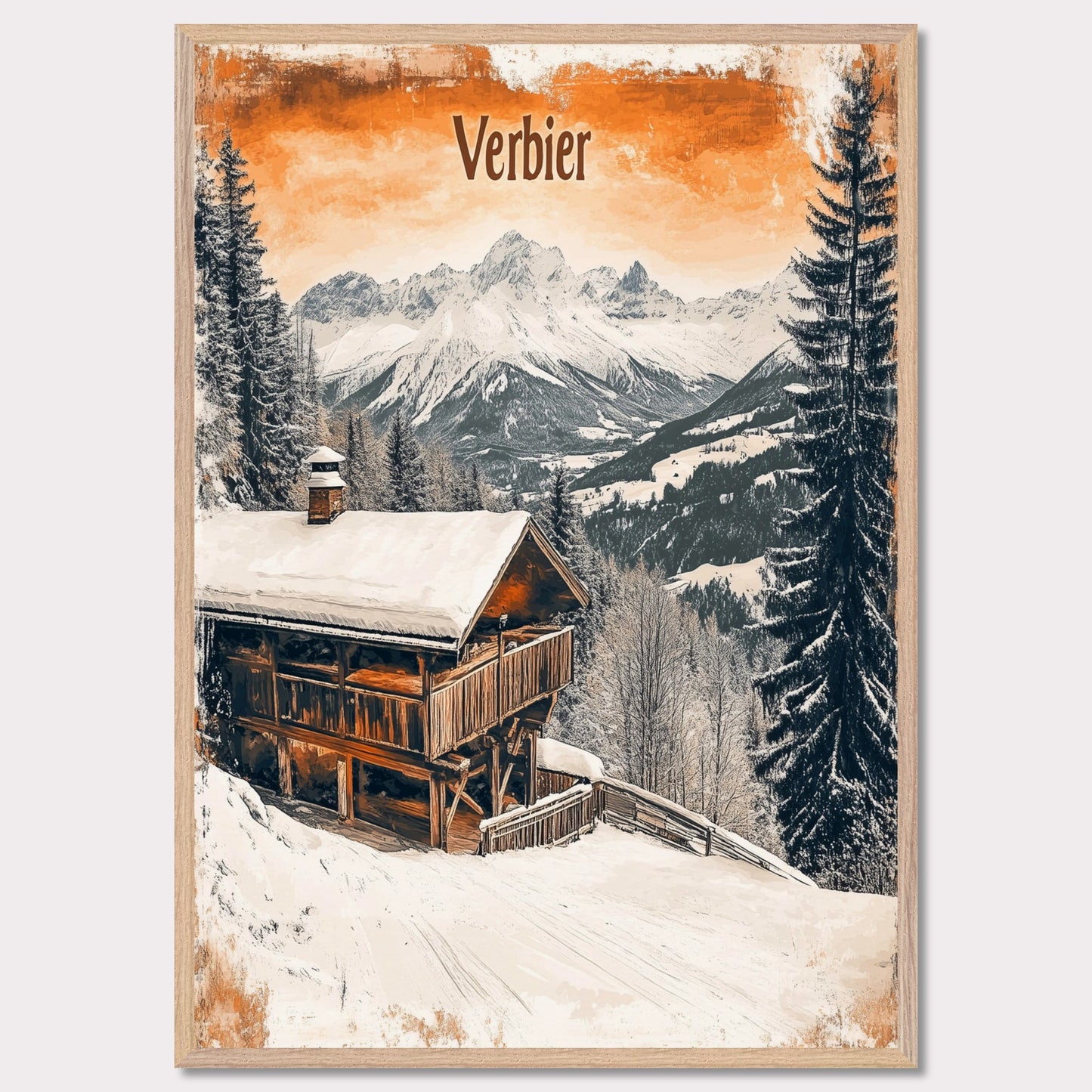 This charming retro-style poster showcases a cozy wooden cabin nestled in the snowy mountains of Verbier. The cabin, with its warm and rustic exterior, contrasts beautifully against the crisp white snow and towering, snow-capped peaks in the distance. The soft, vintage tones in the sky and the peaceful surroundings evoke a sense of tranquility and the perfect winter getaway. The gentle snowfall and warm cabin lights enhance the nostalgic feeling of a quiet retreat in the Alps.