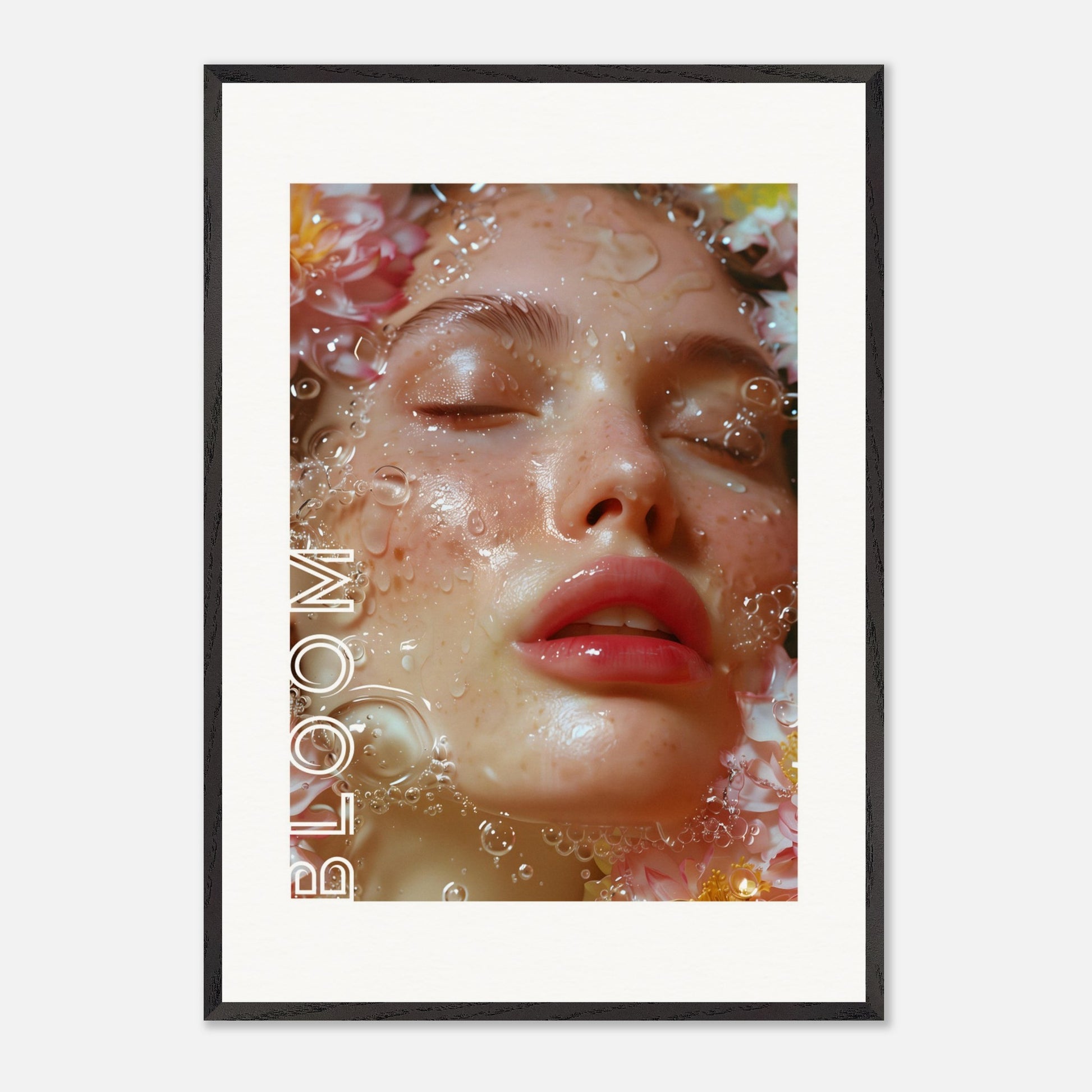 This illustration features a close-up of a serene face with closed eyes, surrounded by water droplets and flowers. The word "BLOOM" is prominently displayed along the left side.

Where this poster will fit: This poster would be ideal for a bedroom, living room, or beauty salon.