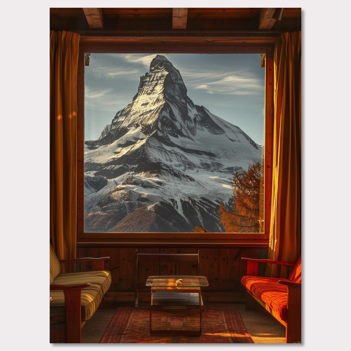 This stunning image captures a breathtaking view of a snow-capped mountain through a large window from a cozy wooden cabin. The warm interior contrasts beautifully with the majestic, cold mountain outside.