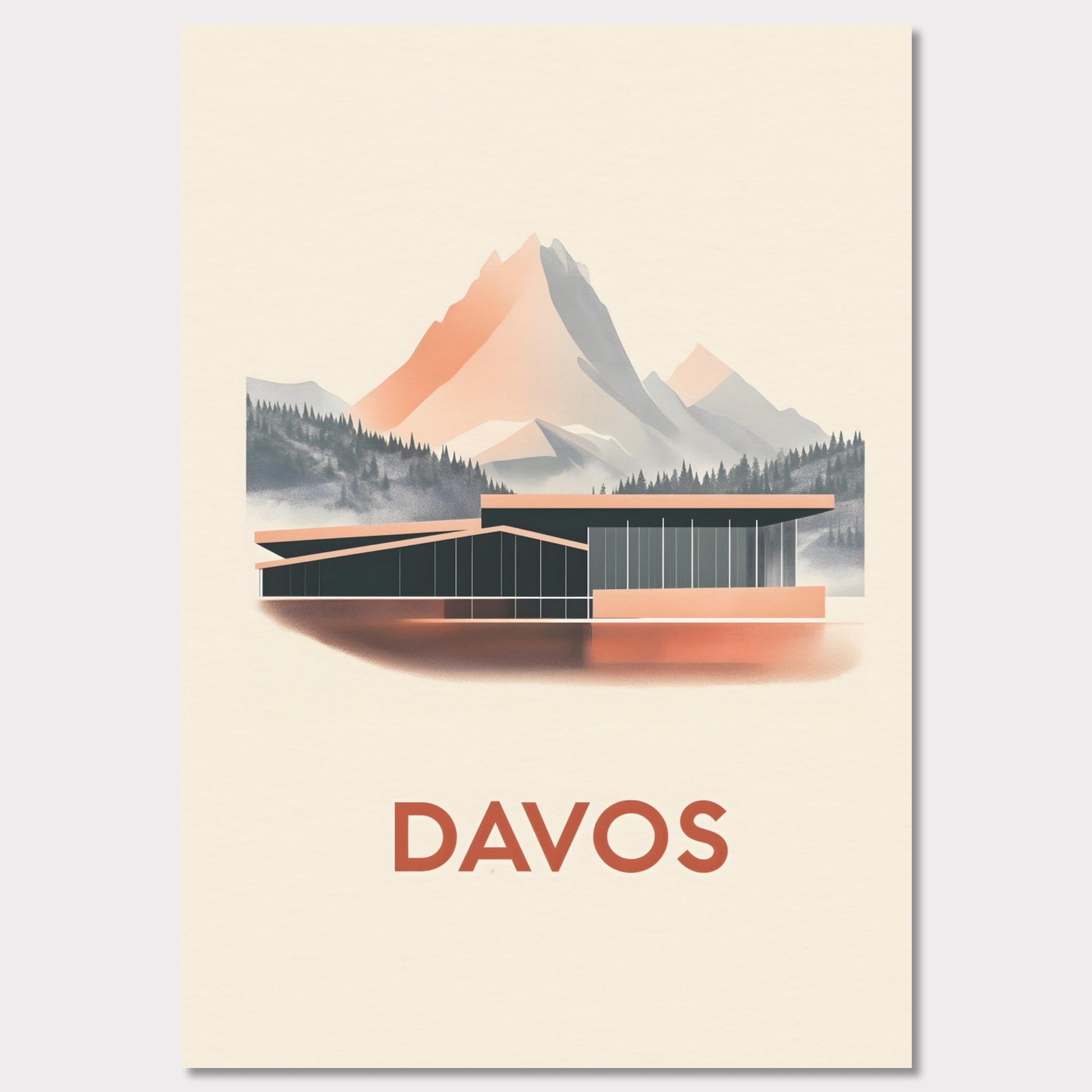 A refined travel poster showcasing Davos' modern architecture against breathtaking alpine peaks. The sleek lines of the building contrast harmoniously with the rugged mountains, embodying the balance between innovation and nature.