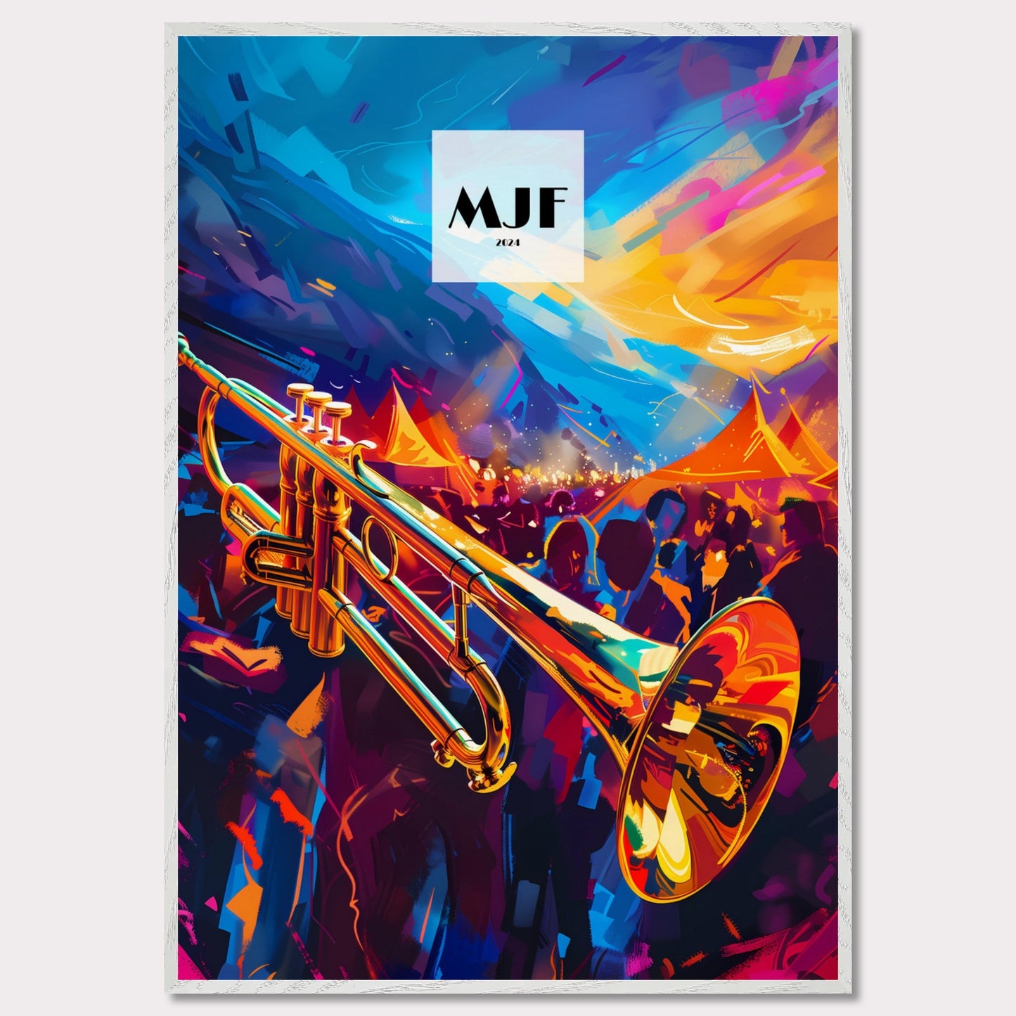 This vibrant poster captures the essence of a lively jazz festival. A gleaming trumpet takes center stage, set against a backdrop of colorful tents and an enthusiastic crowd. The sky is painted with dynamic strokes of blue and orange, adding to the energetic atmosphere.