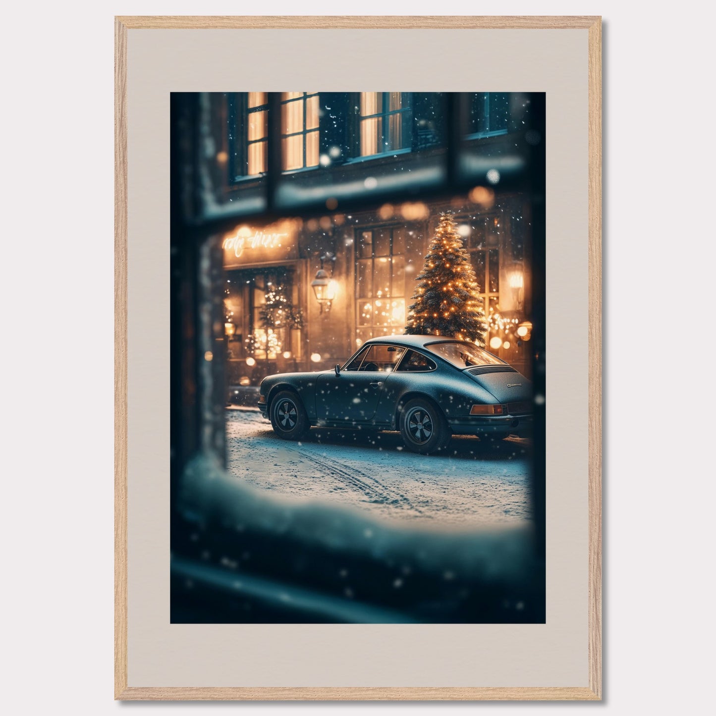 This cozy holiday poster captures a snowy Christmas evening, viewed through a frosty window. The glowing lights of a festive tree and a classic vintage car set the stage for a warm, nostalgic celebration. The snowflakes gently falling add magic to the enchanting alpine village atmosphere.