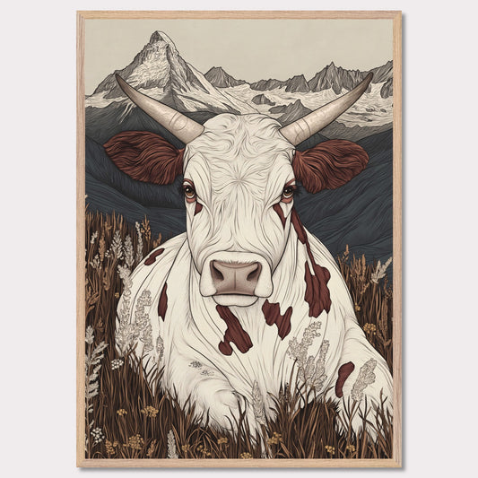 This beautifully detailed poster portrays a tranquil scene of alpine life with a focus on the harmonious connection between nature and animals. A striking cow with intricate features gazes directly at the viewer, creating a sense of intimacy, while the majestic Matterhorn looms in the background. The combination of soft earth tones and delicate linework evokes a rustic yet modern aesthetic.