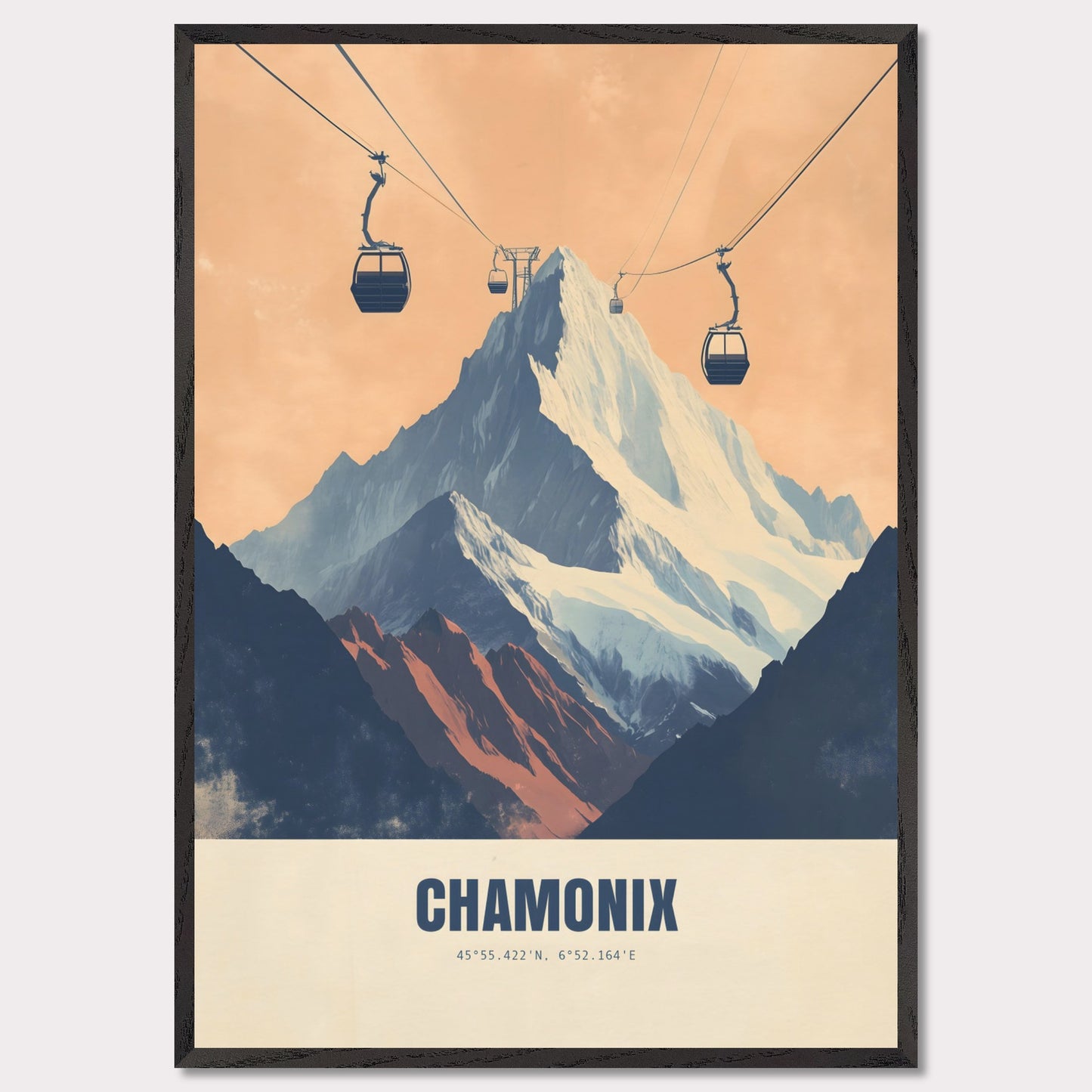 This striking poster showcases the dramatic ascent to Chamonix’s peaks, with cable cars stretching across the sky towards the snow-covered mountains. The bold contrasts between deep shadows and glowing light create an atmosphere of adventure and grandeur.