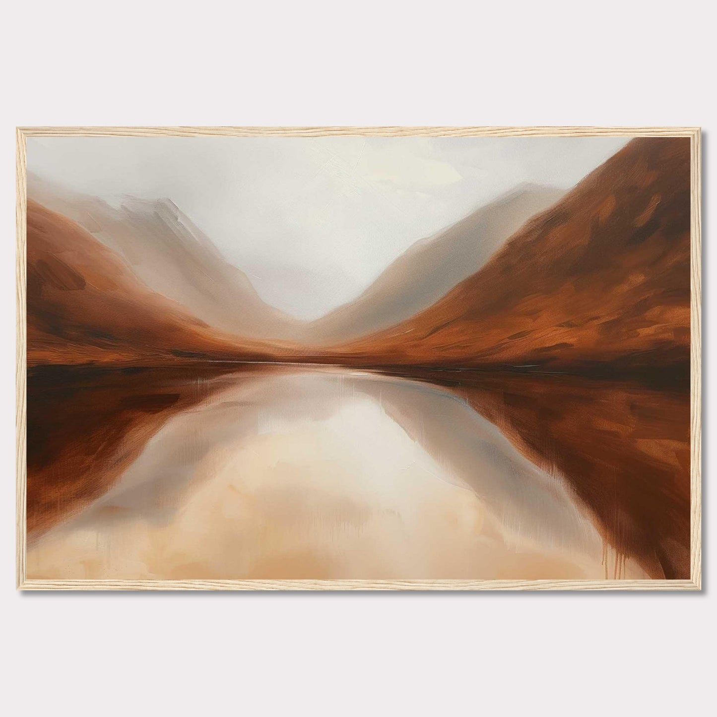 This captivating painting showcases a serene landscape with misty mountains reflected in a calm lake. The earthy tones of the mountains blend seamlessly with the soft, cloudy sky, creating a tranquil and harmonious scene.