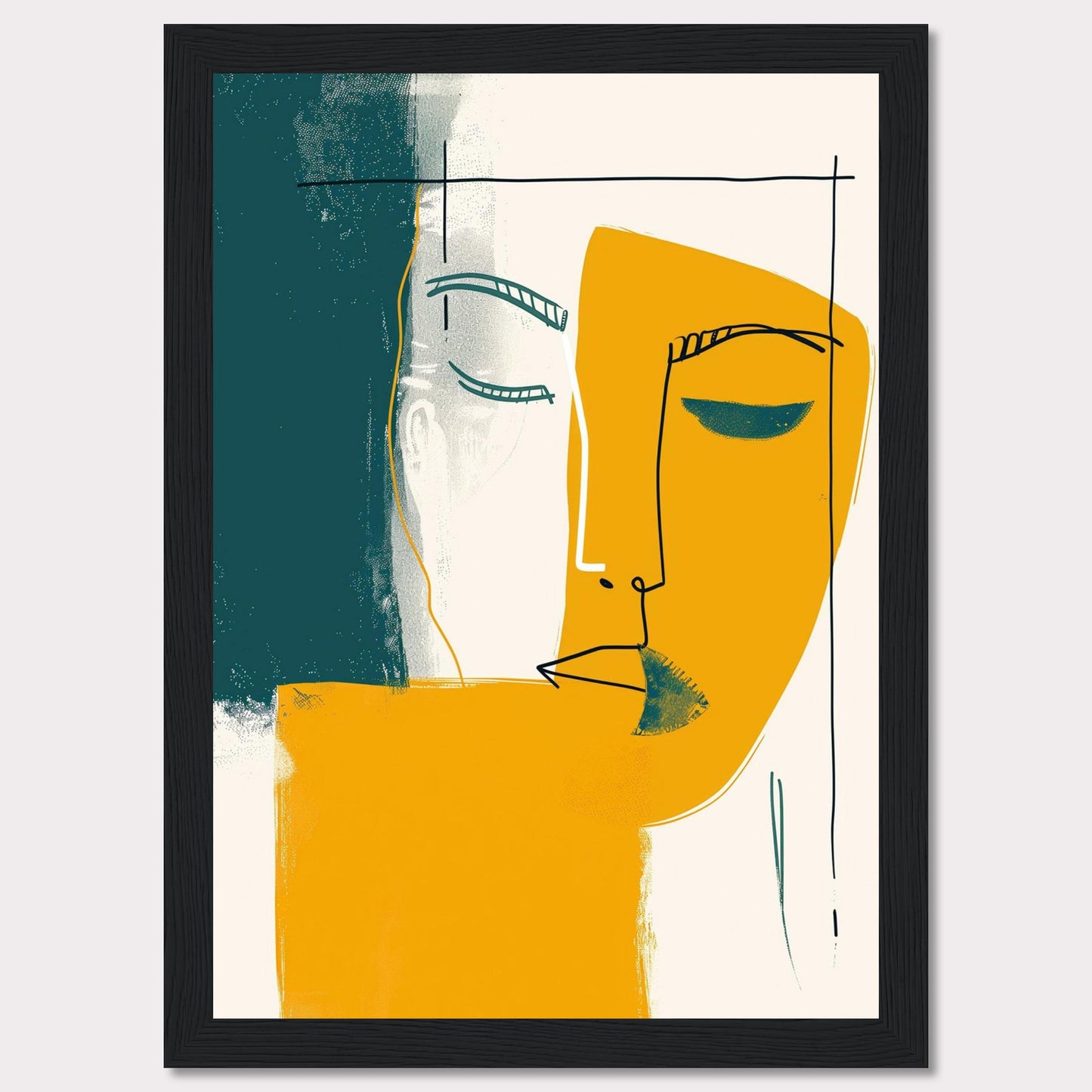 This captivating abstract art piece features a minimalist line drawing of a face, blending bold colors and simple shapes to create a striking visual impact. The artwork combines teal, mustard yellow, and white, with a black frame adding a touch of sophistication.