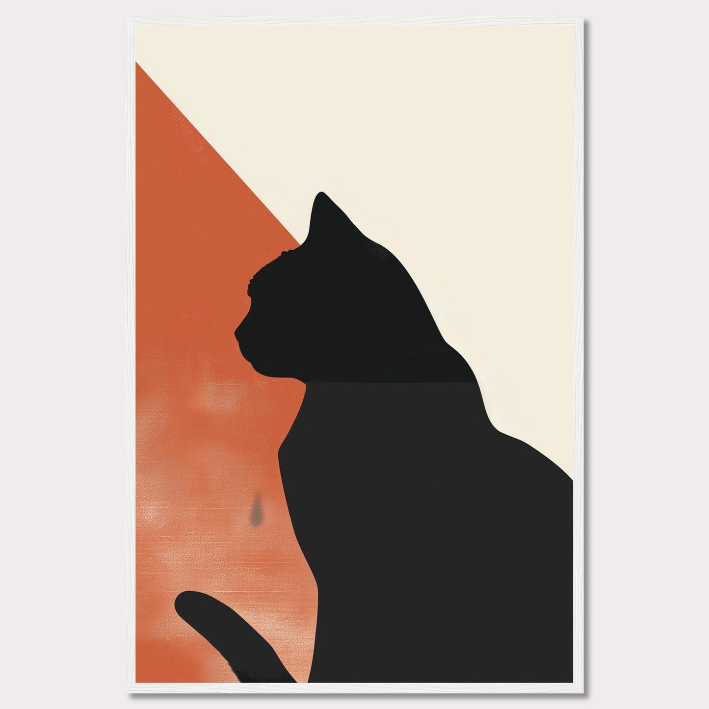 This minimalist art piece features the silhouette of a cat against a backdrop of contrasting colors. The design integrates a bold black cat figure with an orange and cream geometric background, creating a striking visual effect. The simplicity and elegance of this artwork make it a perfect addition to any modern living space.