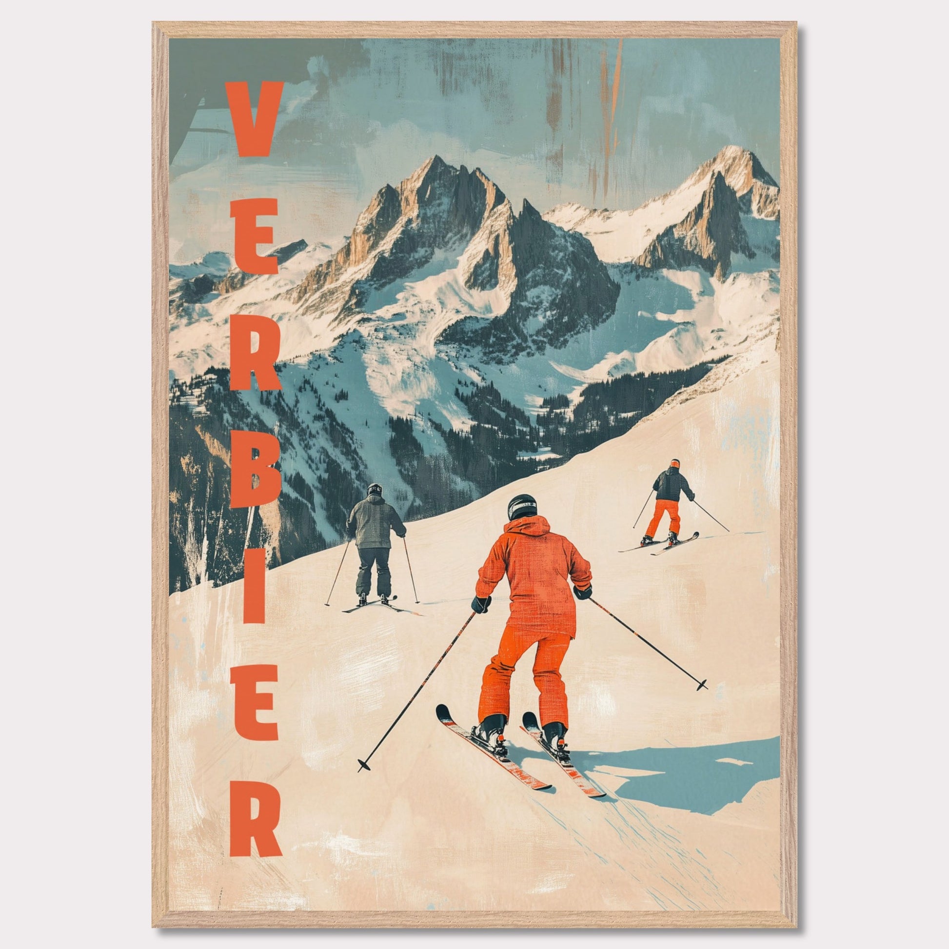 This retro-inspired poster vividly captures the exhilarating spirit of skiing in Verbier. A group of skiers clad in bold orange descends a pristine alpine slope, set against the majestic backdrop of rugged, snow-covered peaks. The textured vintage art style and muted color palette evoke nostalgia while celebrating the dynamic energy of winter sports.