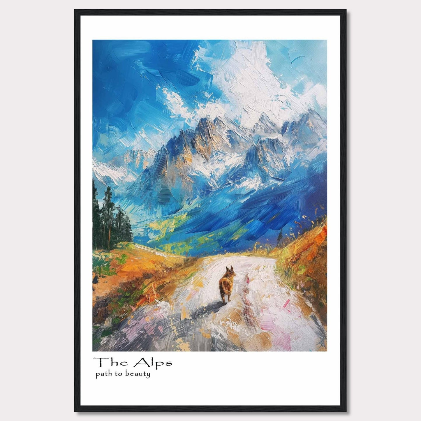 This painting captures the breathtaking beauty of the Alps with vibrant colors and dynamic brushstrokes. A lone hiker walks along a winding path, surrounded by majestic mountains under a bright blue sky.