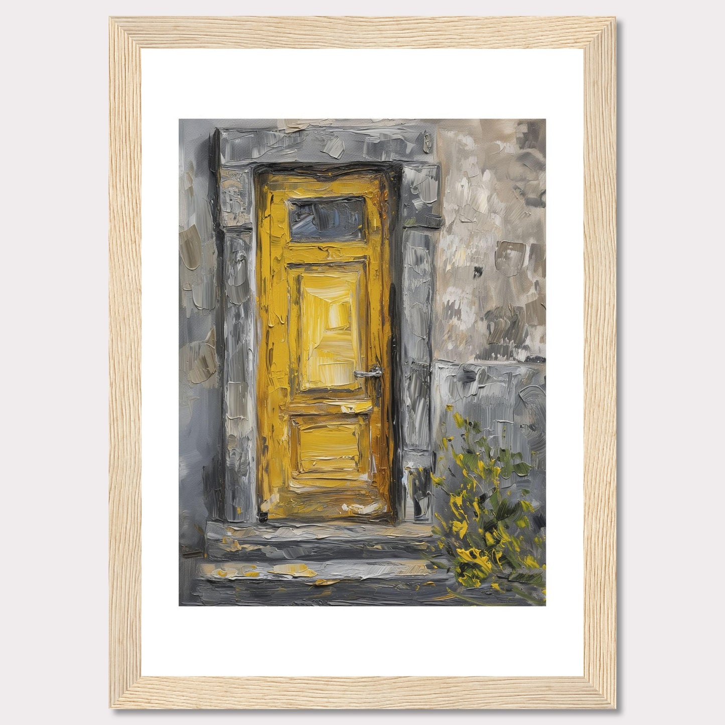 This image showcases a beautiful painting of a vibrant yellow door set within a textured, weathered stone wall. The artwork captures the rustic charm and character of an old building, with hints of greenery peeking through at the bottom right corner.