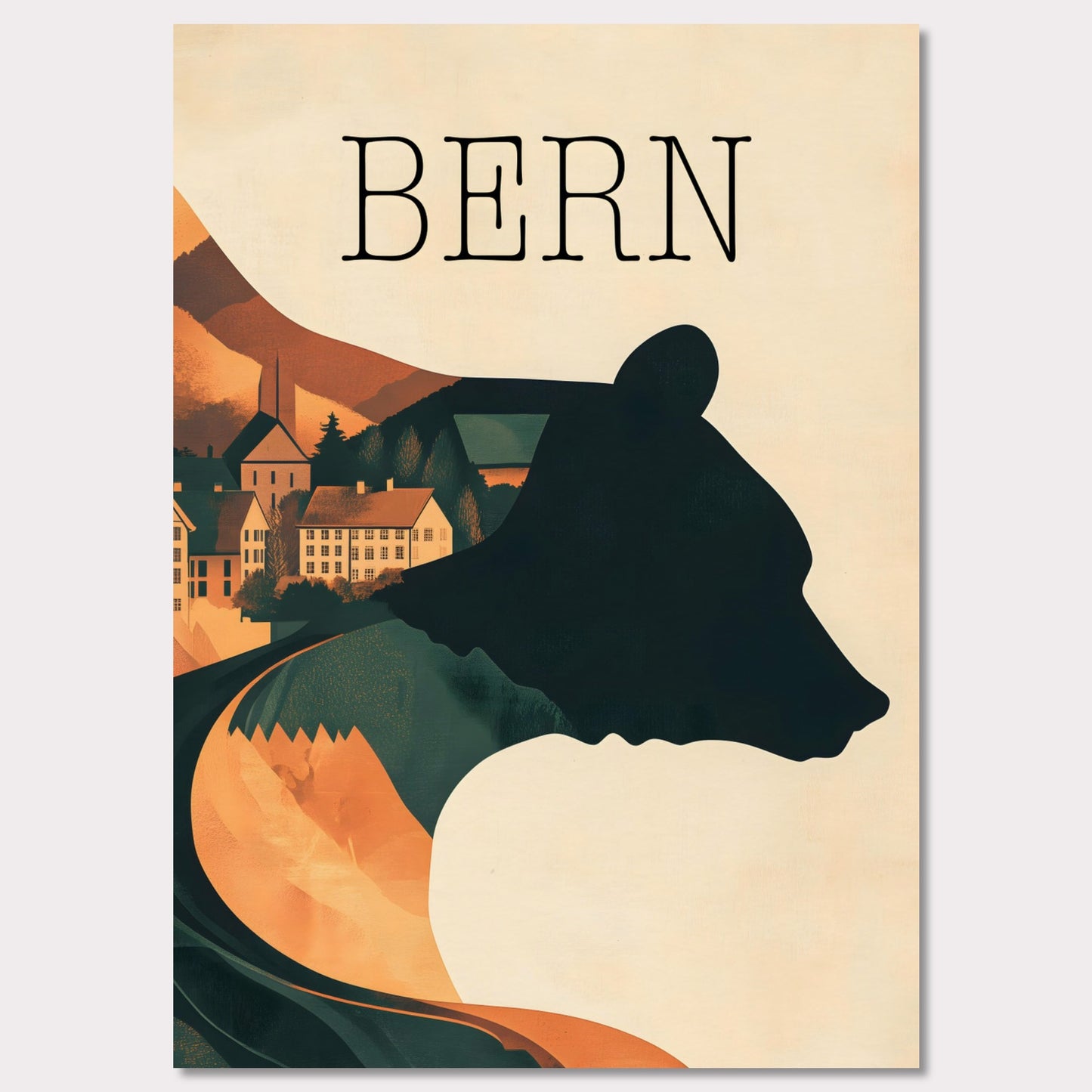 This minimalist travel poster captures the essence of Bern, Switzerland, with a flowing river winding through the city's historic heart. The design highlights the city's iconic medieval architecture, framed by the serene natural surroundings. The soft, muted tones evoke a sense of nostalgia and tranquility, making it a perfect representation of Bern’s timeless beauty.