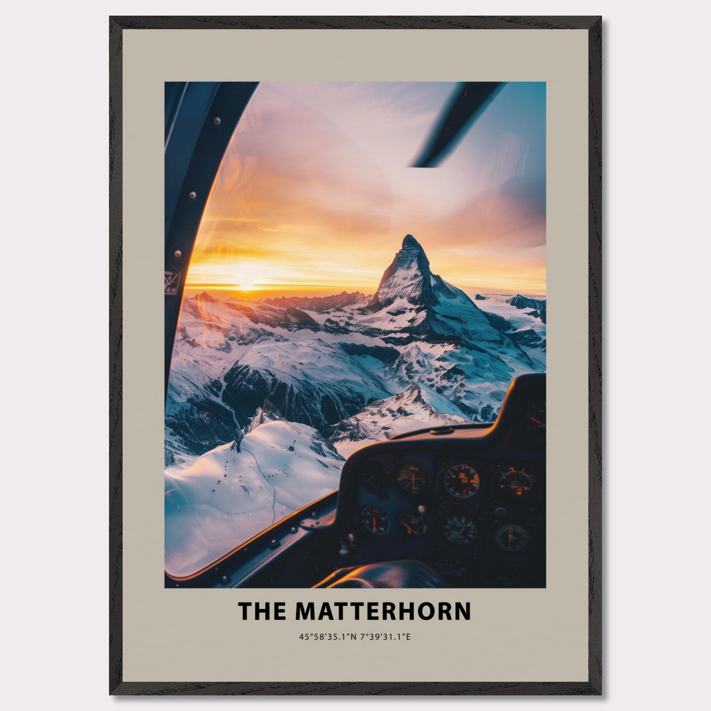 This stunning photograph captures the majestic Matterhorn at sunset, viewed from the cockpit of an aircraft. The snow-covered peaks and the golden hues of the sky create a breathtaking scene.