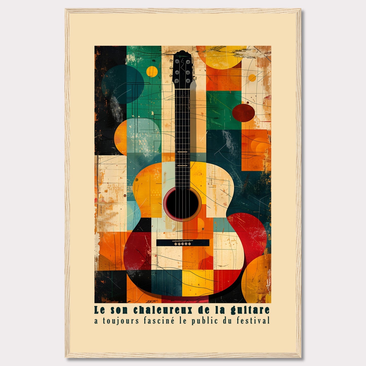 This vibrant artwork features an abstract depiction of an acoustic guitar, blending geometric shapes and bold colors. The French text at the bottom reads, "Le son chaleureux de la guitare a toujours fasciné le public du festival," which translates to "The warm sound of the guitar has always fascinated the festival audience."