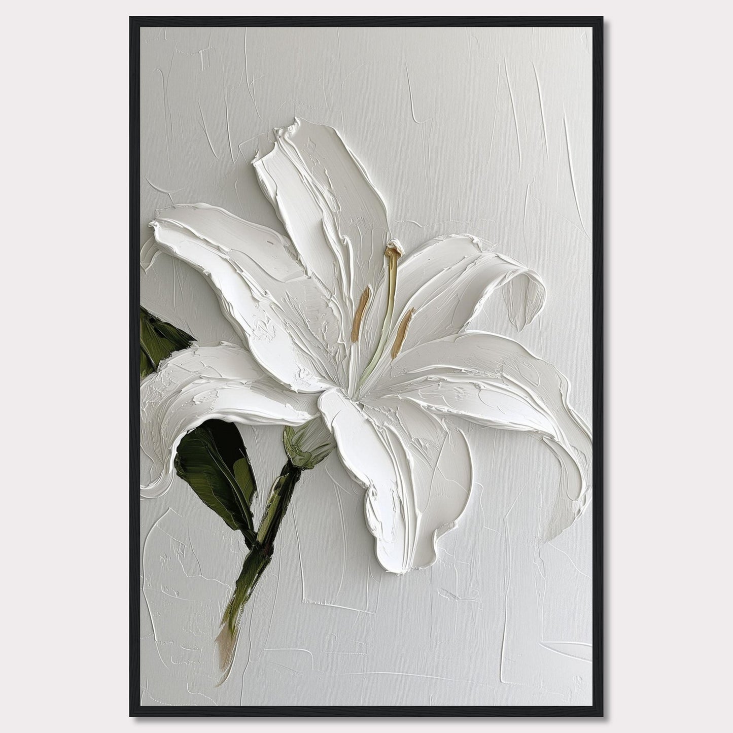 This image showcases a stunning textured painting of a white lily, elegantly framed in black. The thick brushstrokes add depth and dimension to the petals, creating a lifelike appearance. The background is kept minimal, allowing the flower to be the focal point.