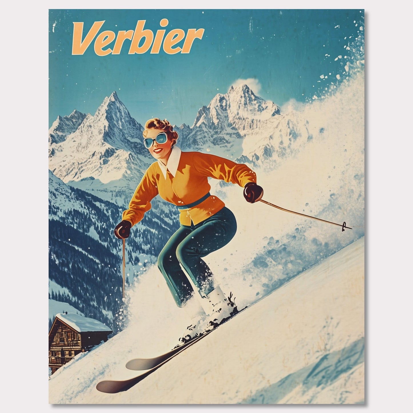 This vibrant retro poster captures the thrilling energy of skiing in Verbier, featuring a skier in a bright orange jacket racing down the slopes. The bright, clear sky contrasts beautifully with the snow-covered terrain and rugged mountain backdrop. The skier’s joyful expression, paired with the iconic Verbier mountains, evokes the excitement and adventure of alpine skiing. The vintage art style adds a timeless touch, bringing out the spirit of winter sports.