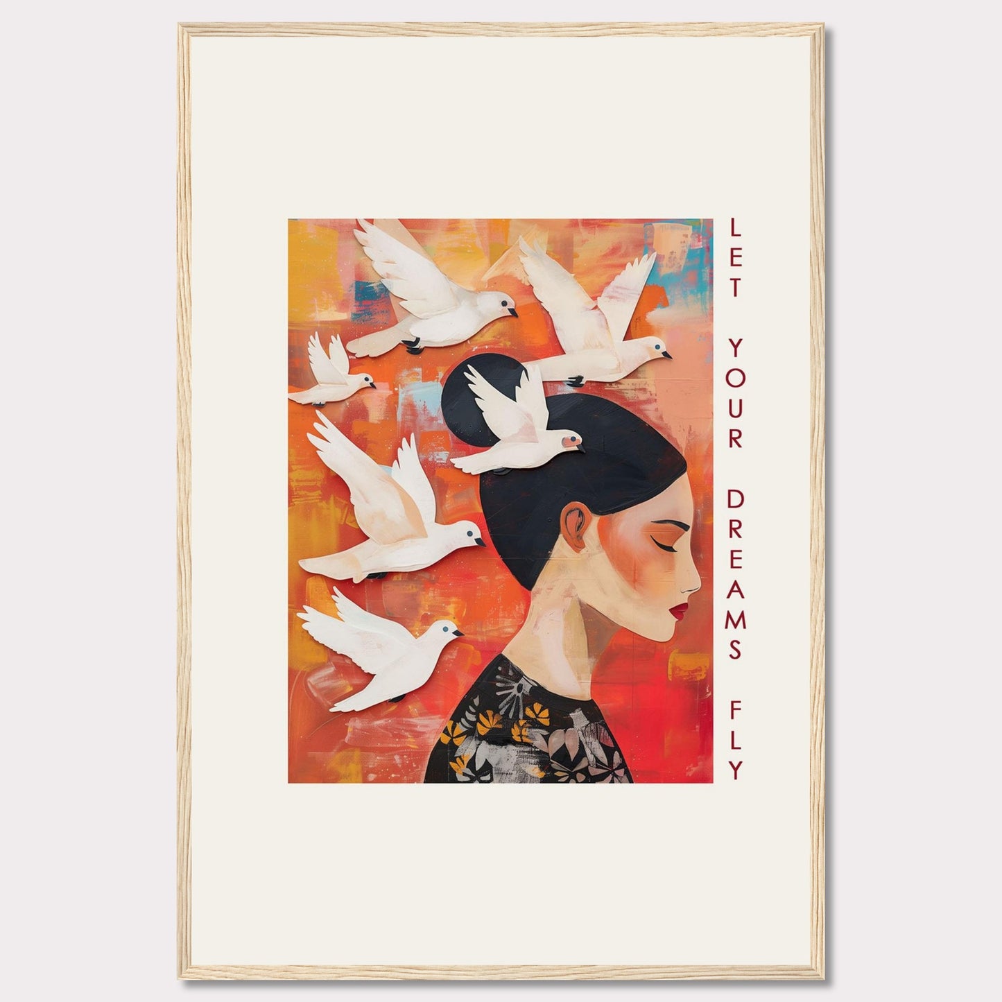 This vibrant artwork features a serene woman with her eyes closed, surrounded by white doves flying against a colorful background. The words "Let Your Dreams Fly" are written vertically along the right side, inspiring viewers to pursue their aspirations.