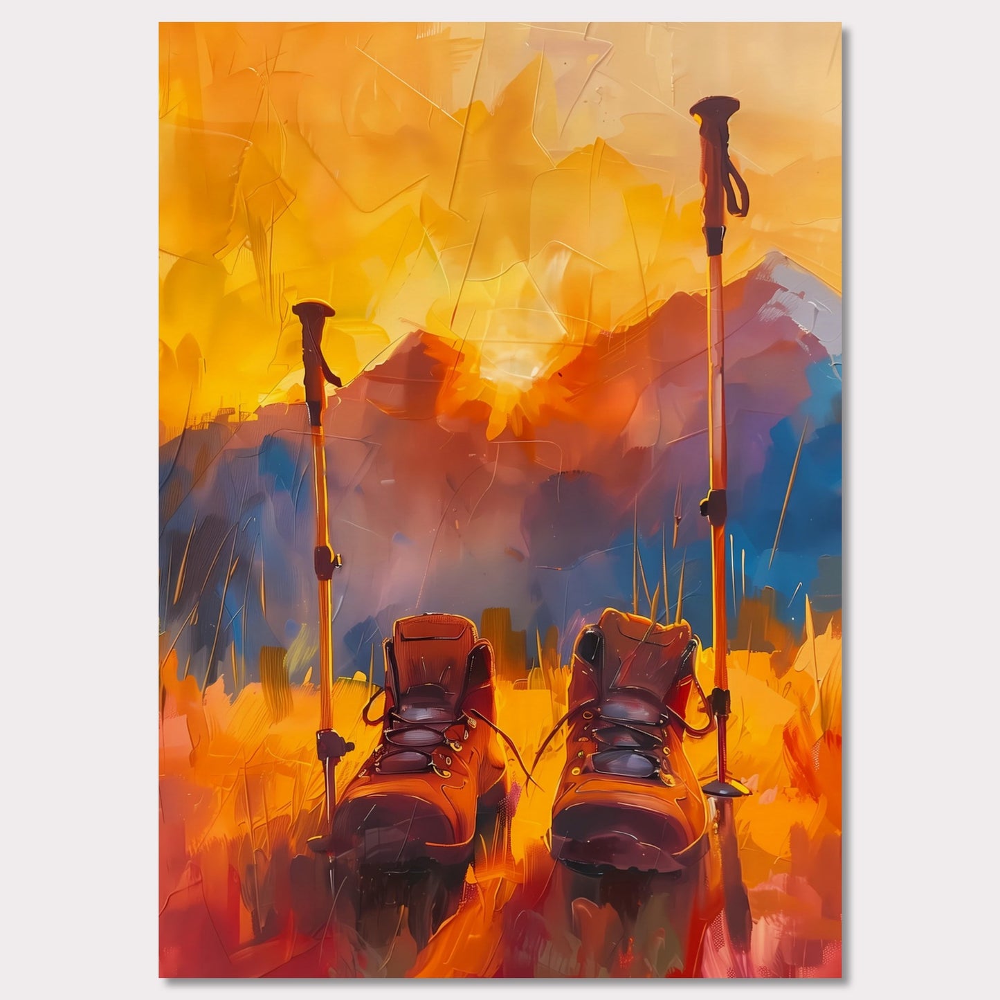 This illustration depicts a pair of hiking boots and trekking poles set against a vibrant, abstract background of mountains and a sunset.