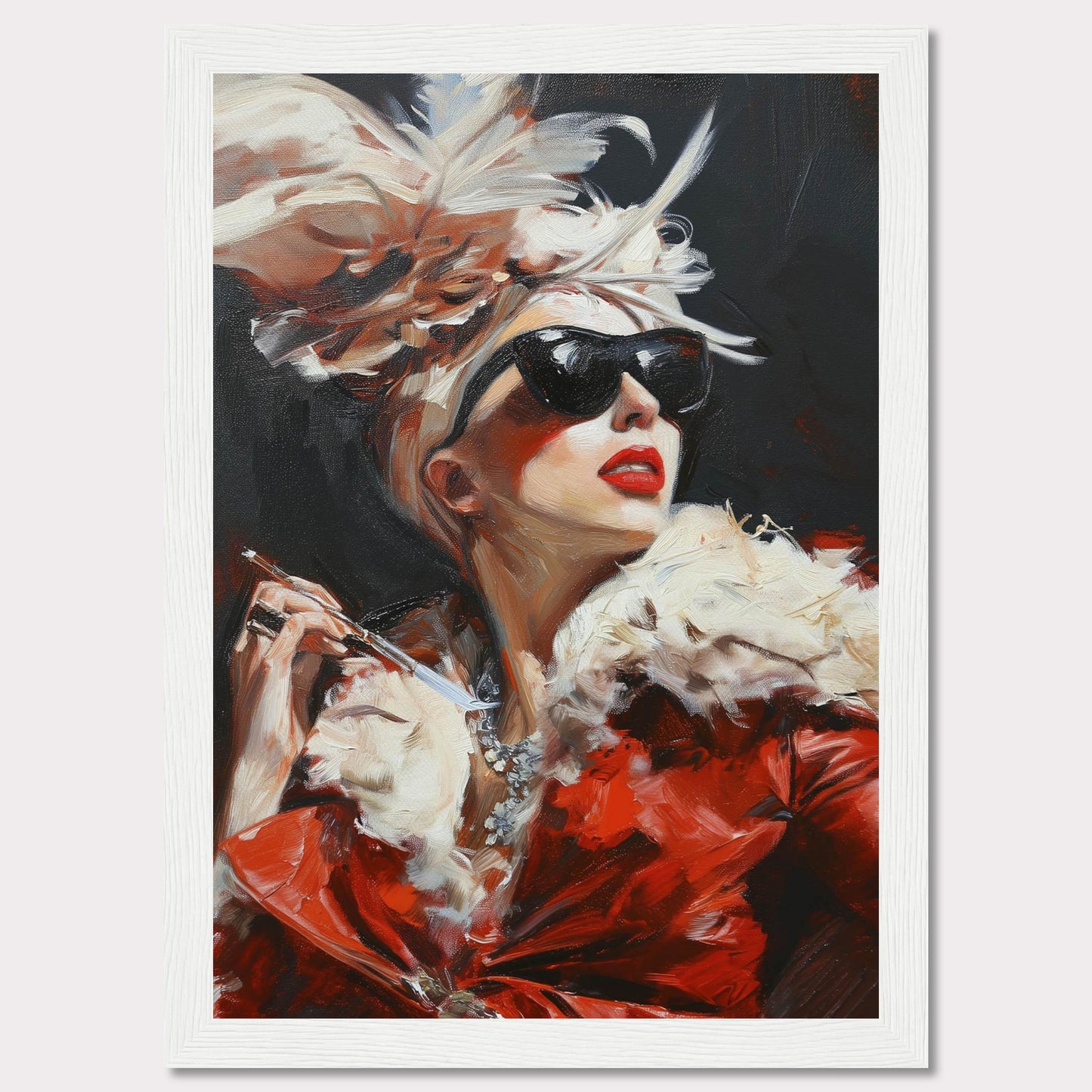 This striking painting captures a glamorous woman exuding confidence and elegance. Adorned in a luxurious red fur coat, she wears dark sunglasses and a dramatic feathered hat, holding a cigarette holder with poise. The bold brushstrokes and vibrant colors add to the dynamic and sophisticated feel of the artwork.