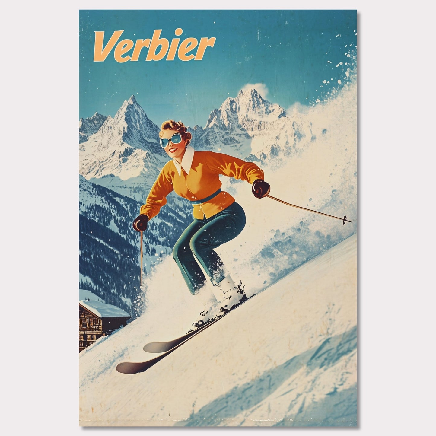 This vibrant retro poster captures the thrilling energy of skiing in Verbier, featuring a skier in a bright orange jacket racing down the slopes. The bright, clear sky contrasts beautifully with the snow-covered terrain and rugged mountain backdrop. The skier’s joyful expression, paired with the iconic Verbier mountains, evokes the excitement and adventure of alpine skiing. The vintage art style adds a timeless touch, bringing out the spirit of winter sports.