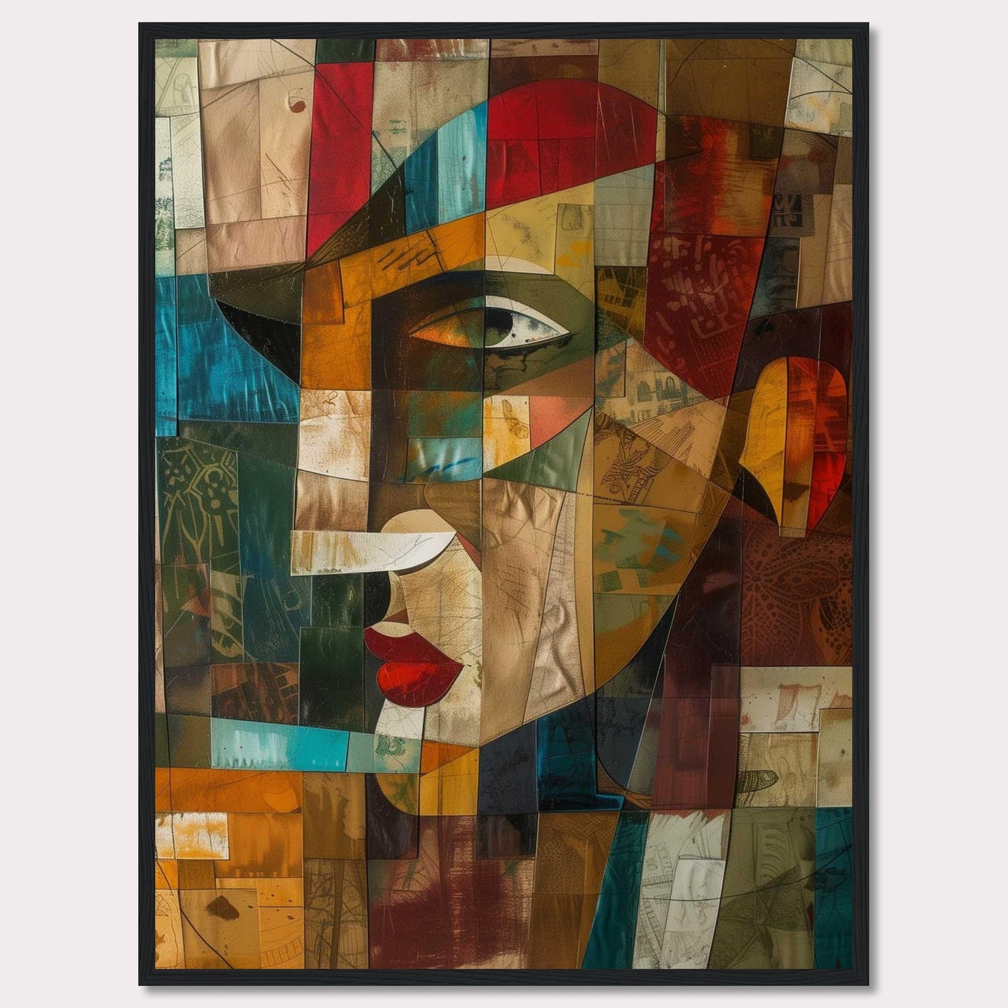 This captivating artwork features a cubist-style portrait, blending vibrant colors and geometric shapes to create a striking visual. The image showcases an abstract face with prominent red lips, a sharp nose, and expressive eyes.