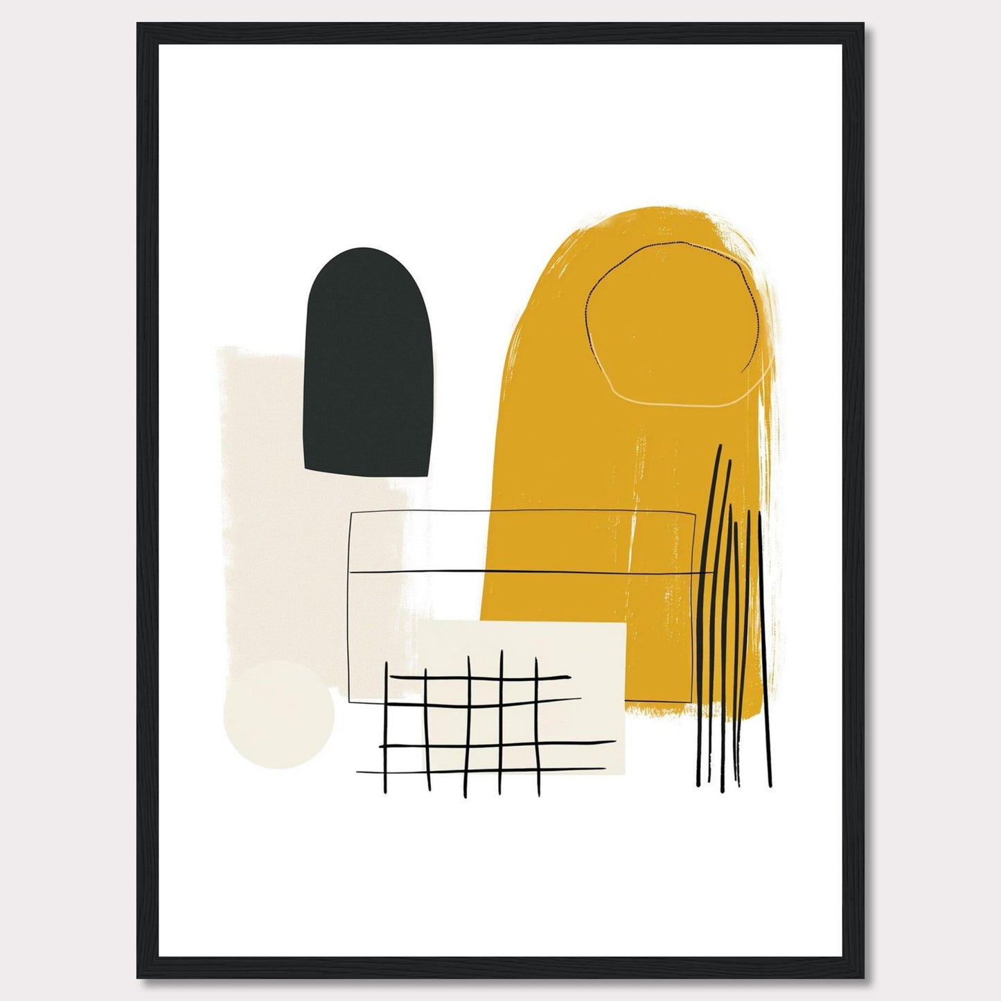 This image showcases a modern abstract art print featuring a combination of geometric shapes and lines in a minimalist style. The artwork includes a prominent mustard yellow shape, a black oval form, a beige rectangle, a grid pattern, and several vertical lines.