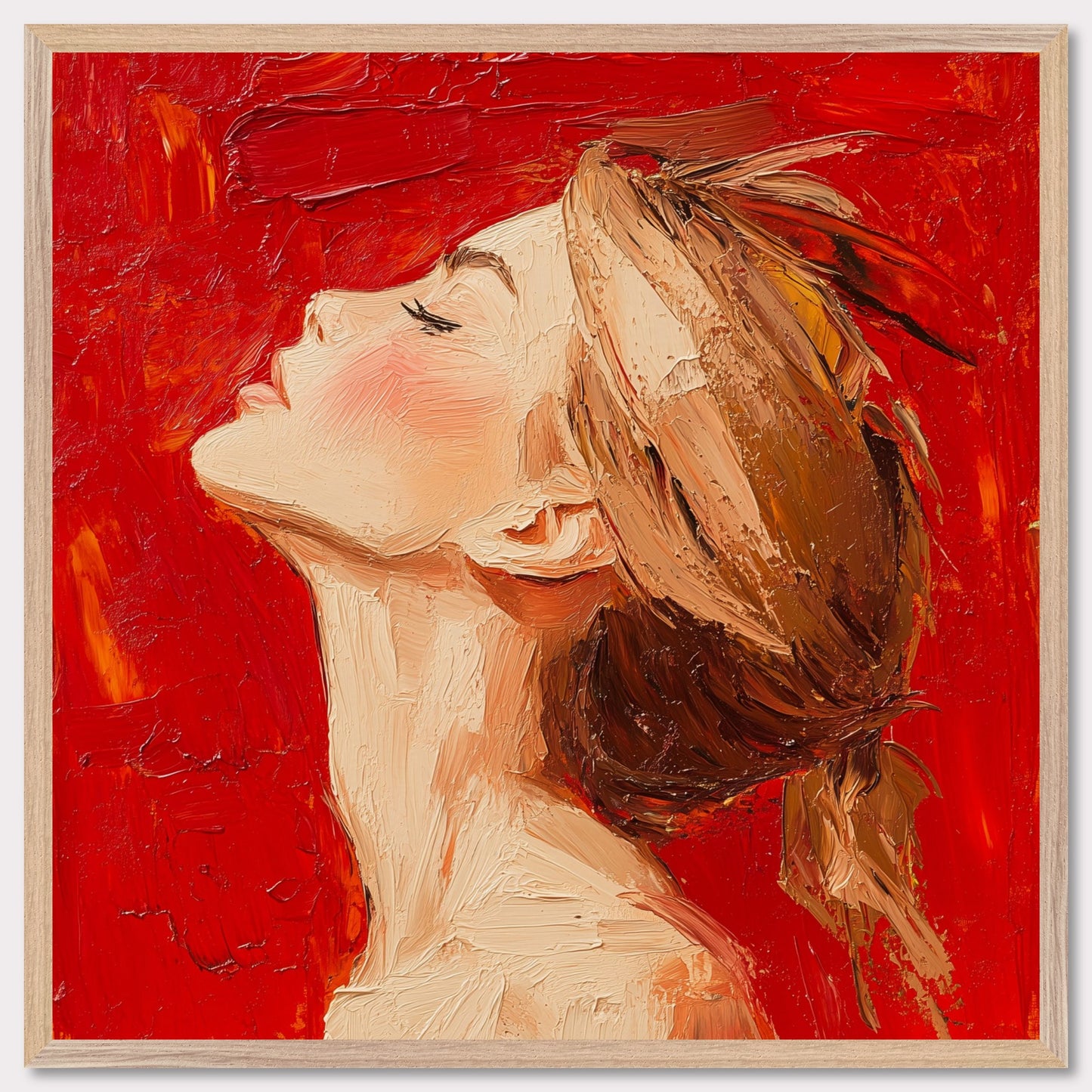 This is an illustration of a woman with her head tilted back and eyes closed, set against a vibrant red background. The artwork is characterized by thick, textured brushstrokes that give it a dynamic and expressive quality.