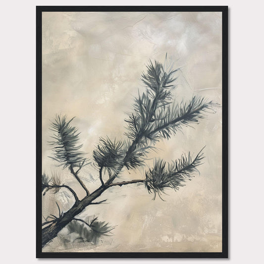 This elegant artwork features a delicate pine branch set against a soft, muted background. The painting captures the serene beauty of nature with its minimalist design and subtle color palette.