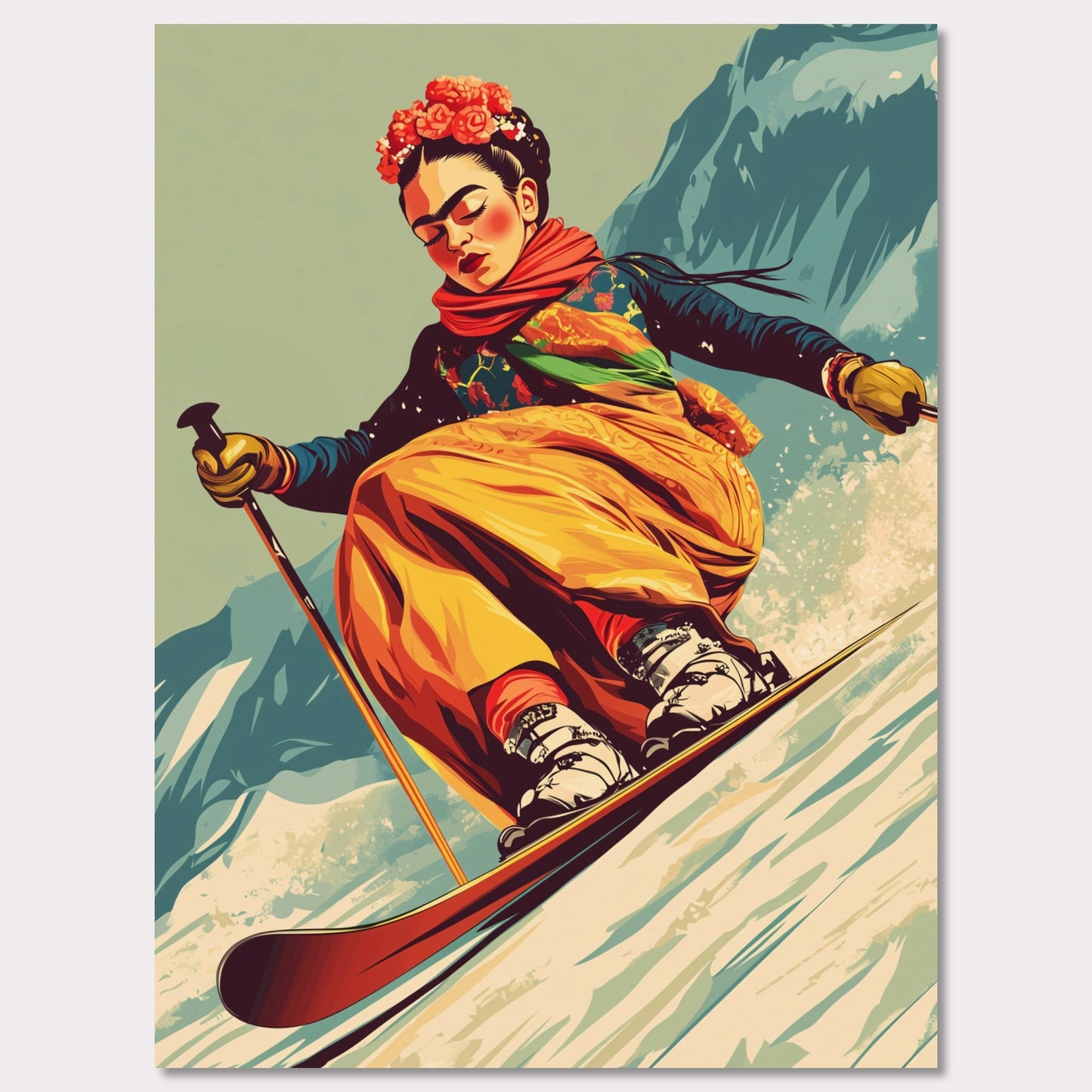 This captivating and artistic poster features Frida Kahlo skiing down a snow-covered slope, embracing both the thrill of winter sports and the vibrancy of her unique style. With a floral crown and colorful attire, Frida brings her creativity and strength to the slopes of the mountains, capturing the harmony between winter adventure and artistic expression. The retro color scheme adds to the vintage charm of the poster, making it a lively and powerful statement piece.