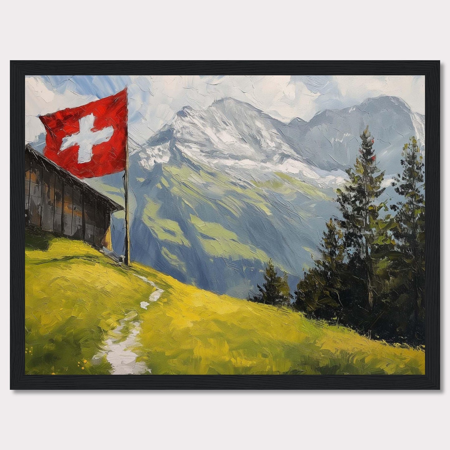 This stunning painting captures the serene beauty of a Swiss alpine landscape. A quaint wooden cabin is perched on a lush green hillside, with a vibrant Swiss flag fluttering proudly beside it. Majestic snow-capped mountains rise in the background, contrasting beautifully with the verdant foreground. Tall evergreen trees add depth and texture to the scene.