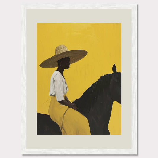 This striking artwork features a silhouette of a person wearing a wide-brimmed hat, seated on a dark horse against a vibrant yellow background. The figure is adorned in a white top and yellow skirt, exuding elegance and tranquility.