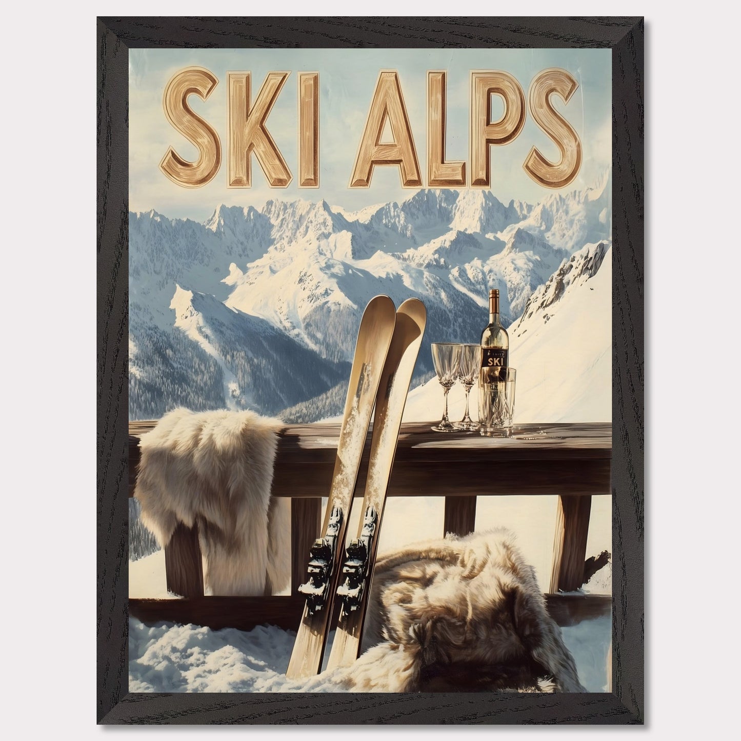 This captivating poster invites you to a serene alpine retreat, where snowy peaks stretch into the horizon. A pair of classic wooden skis leans against a rustic balcony railing, adorned with soft fur for added warmth. A bottle of fine wine and elegant glasses sit atop the table, perfectly complementing the breathtaking mountain backdrop.