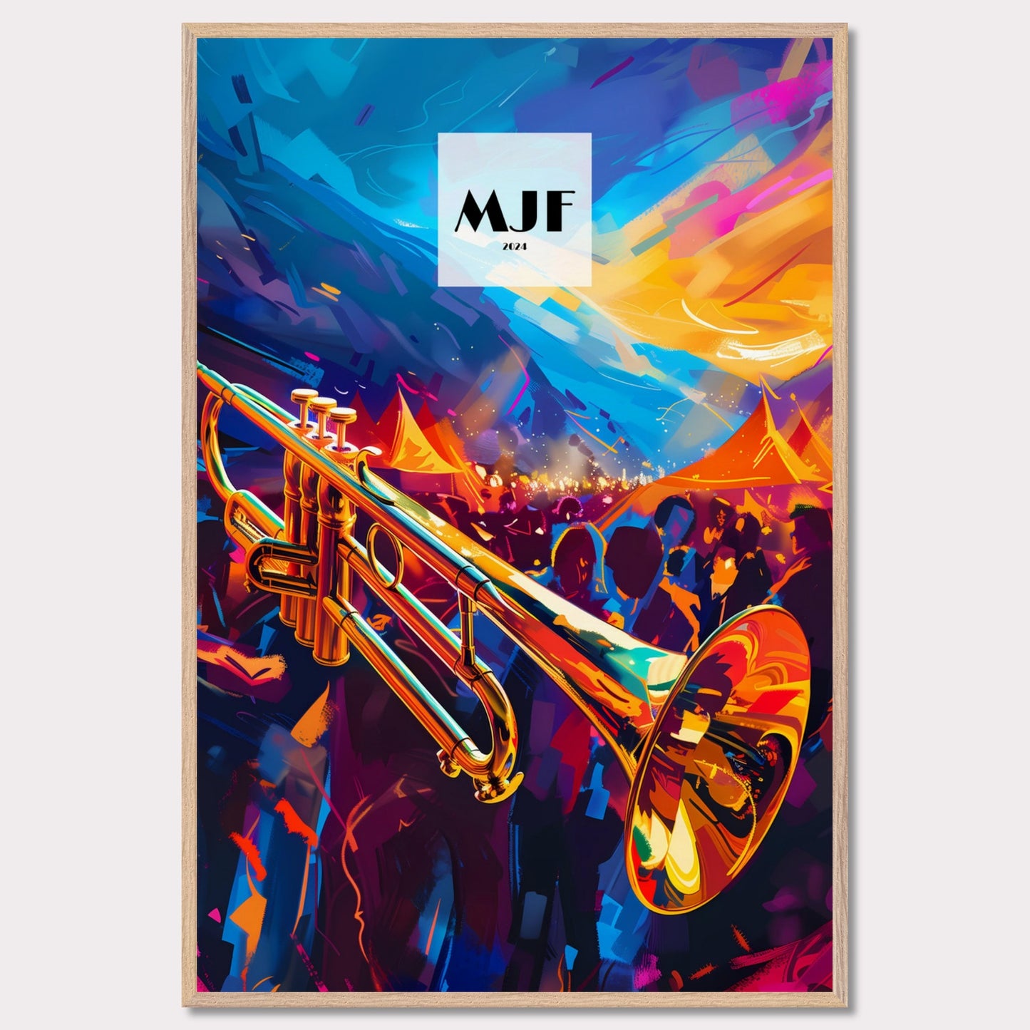 This vibrant poster captures the essence of a lively jazz festival. A gleaming trumpet takes center stage, set against a backdrop of colorful tents and an enthusiastic crowd. The sky is painted with dynamic strokes of blue and orange, adding to the energetic atmosphere.