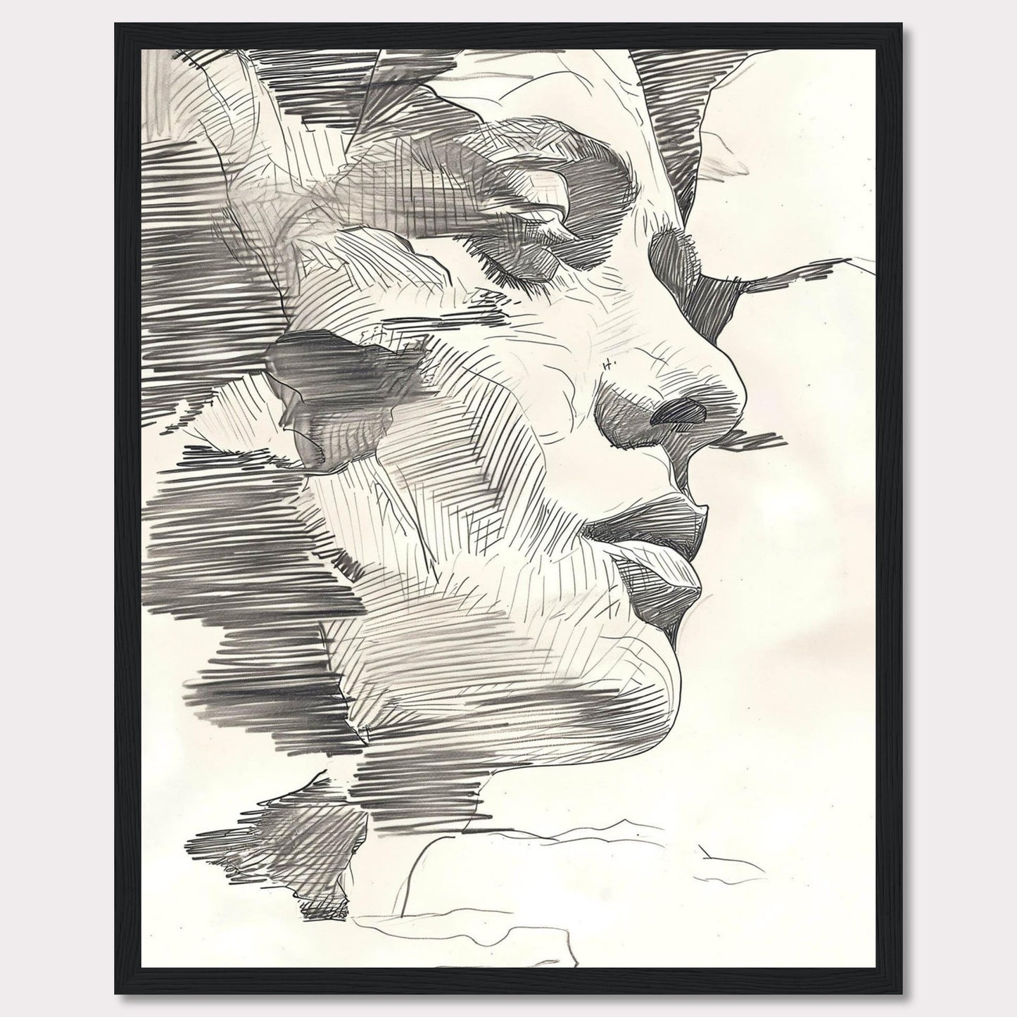 This image showcases a stunning abstract line drawing of a human face, emphasizing intricate details and shading.