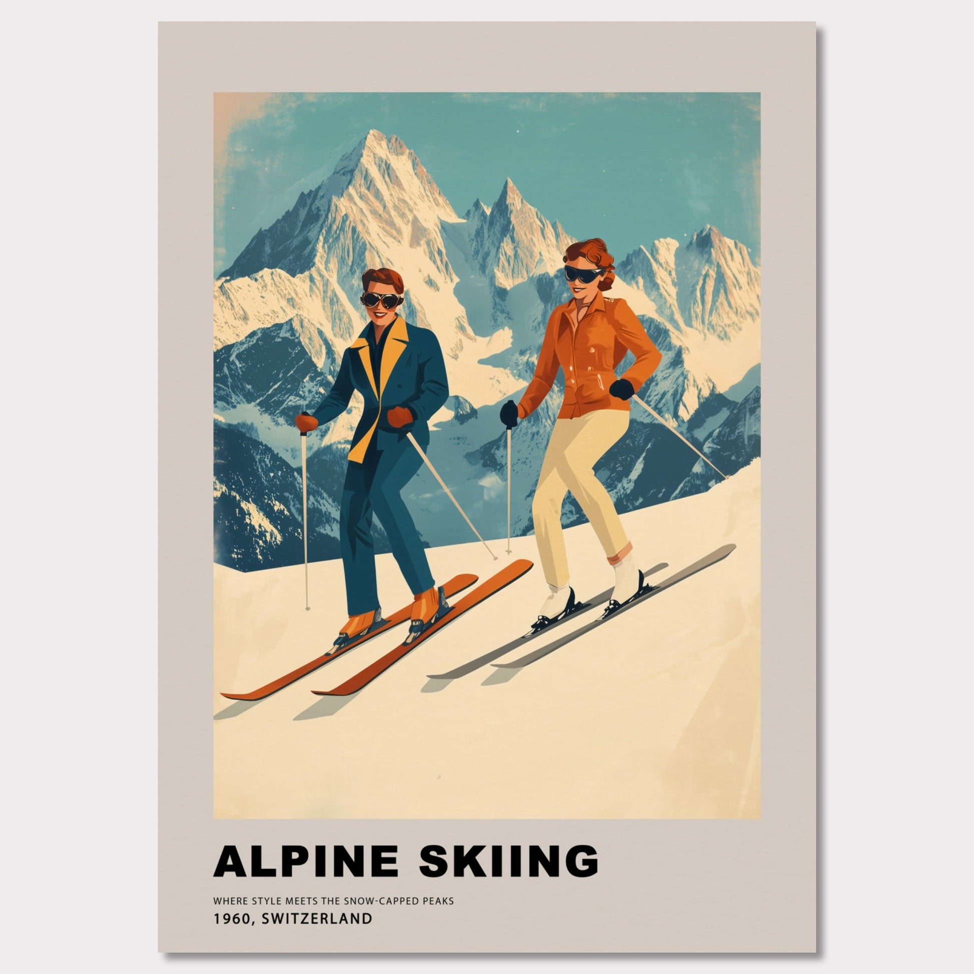 This stunning retro-style poster celebrates the elegance of alpine skiing in Switzerland. Two stylish skiers gracefully glide down the snowy slopes, set against the backdrop of majestic, sunlit peaks. The vintage color palette and mid-century design highlight the timeless charm and sophistication of the alpine experience, making it a celebration of both sport and scenery.