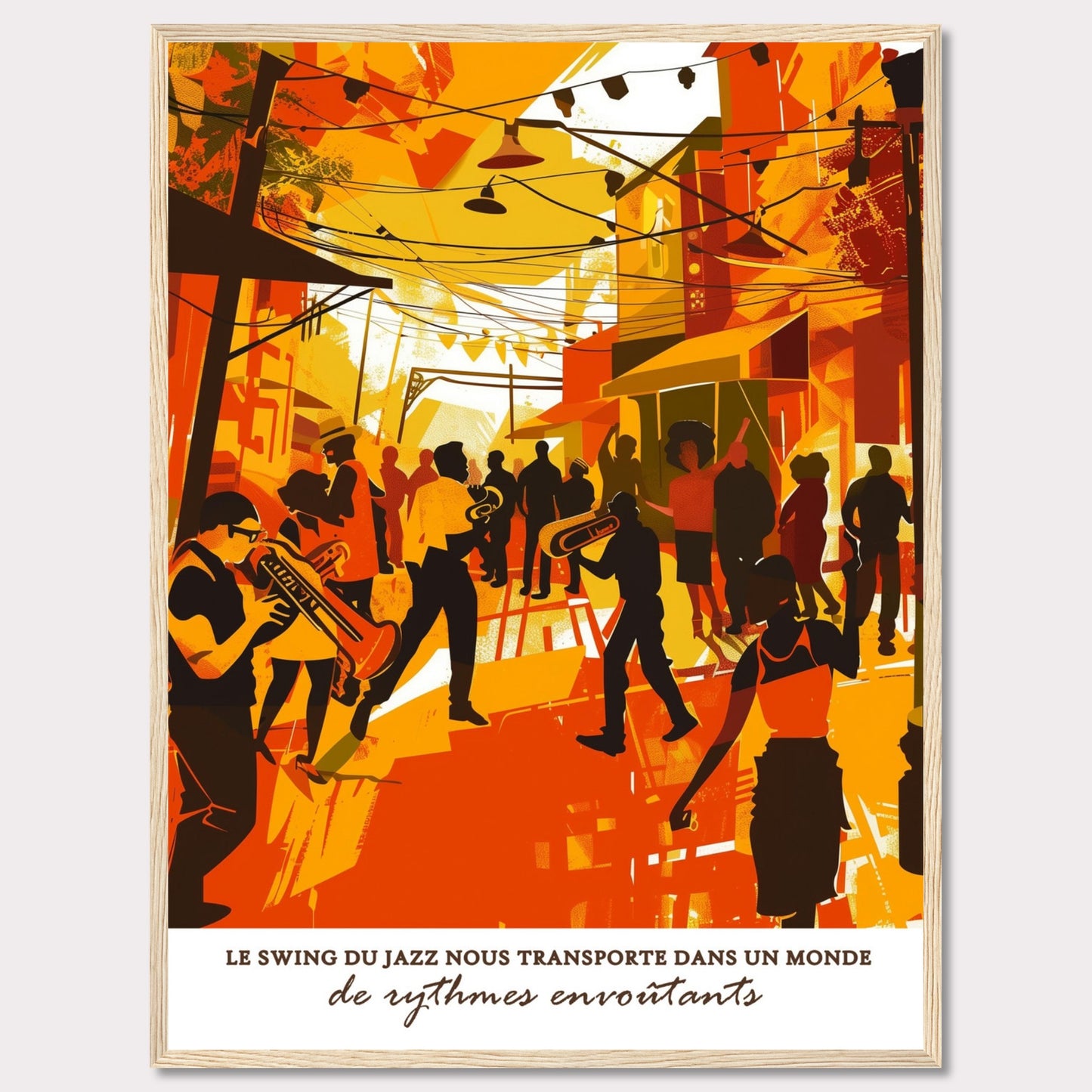 This vibrant illustration captures the lively atmosphere of a jazz street performance. Musicians with trumpets and trombones play energetically, surrounded by an enthusiastic crowd. The scene is bathed in warm hues of orange and yellow, evoking a sense of warmth and excitement.