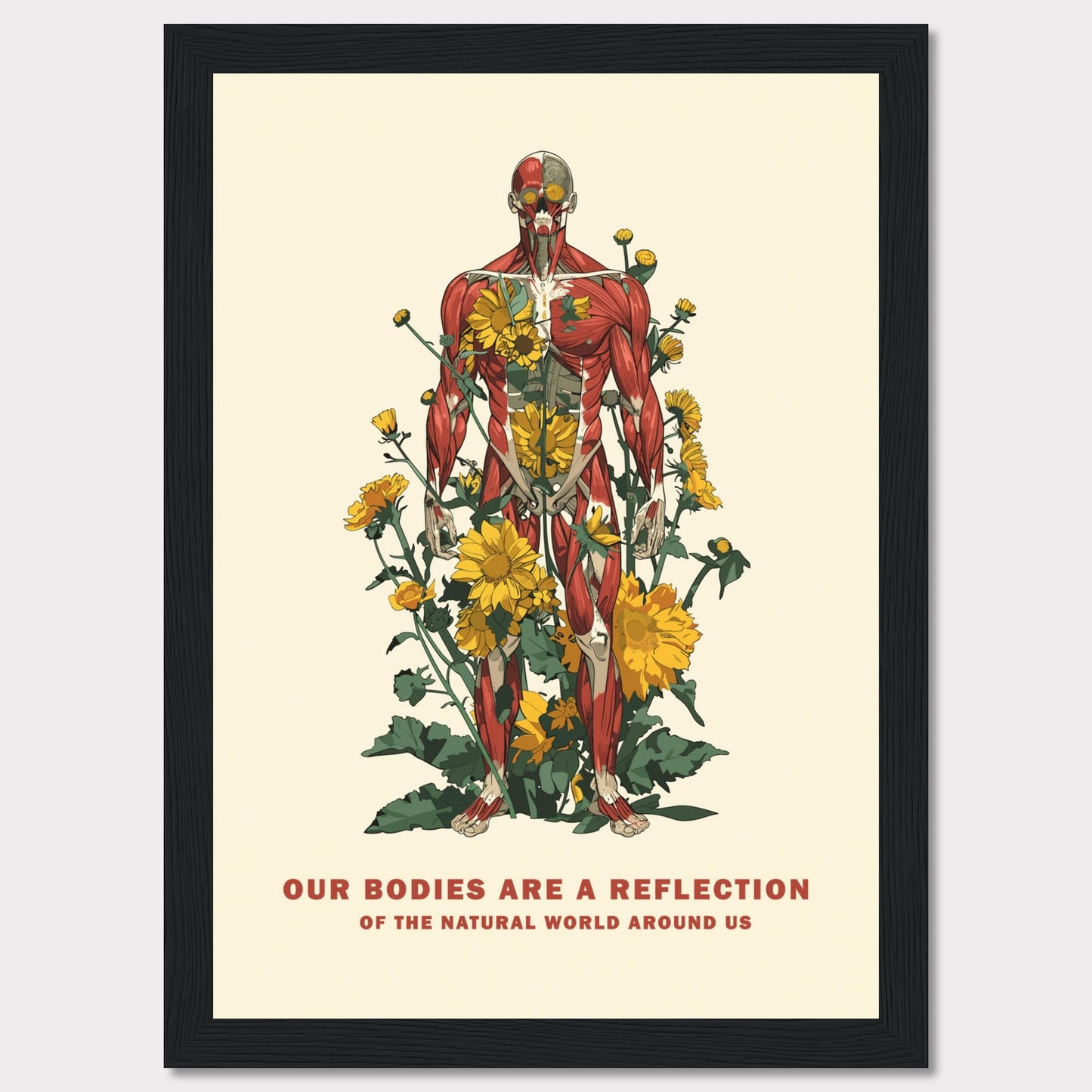 This image features a detailed anatomical illustration of a human body intertwined with vibrant yellow flowers and green foliage. The artwork highlights the connection between human anatomy and nature.