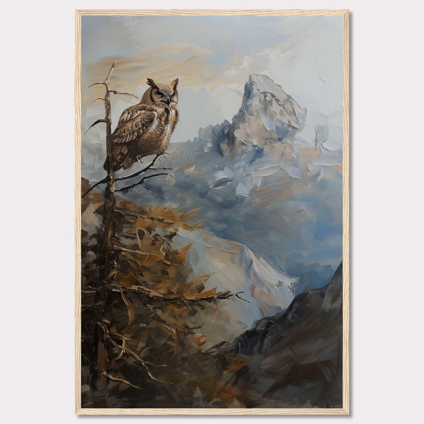 This captivating painting depicts a majestic owl perched on a branch, overlooking a rugged mountain landscape. The scene is rendered in rich, earthy tones and dynamic brushstrokes, capturing the serene yet powerful essence of nature.