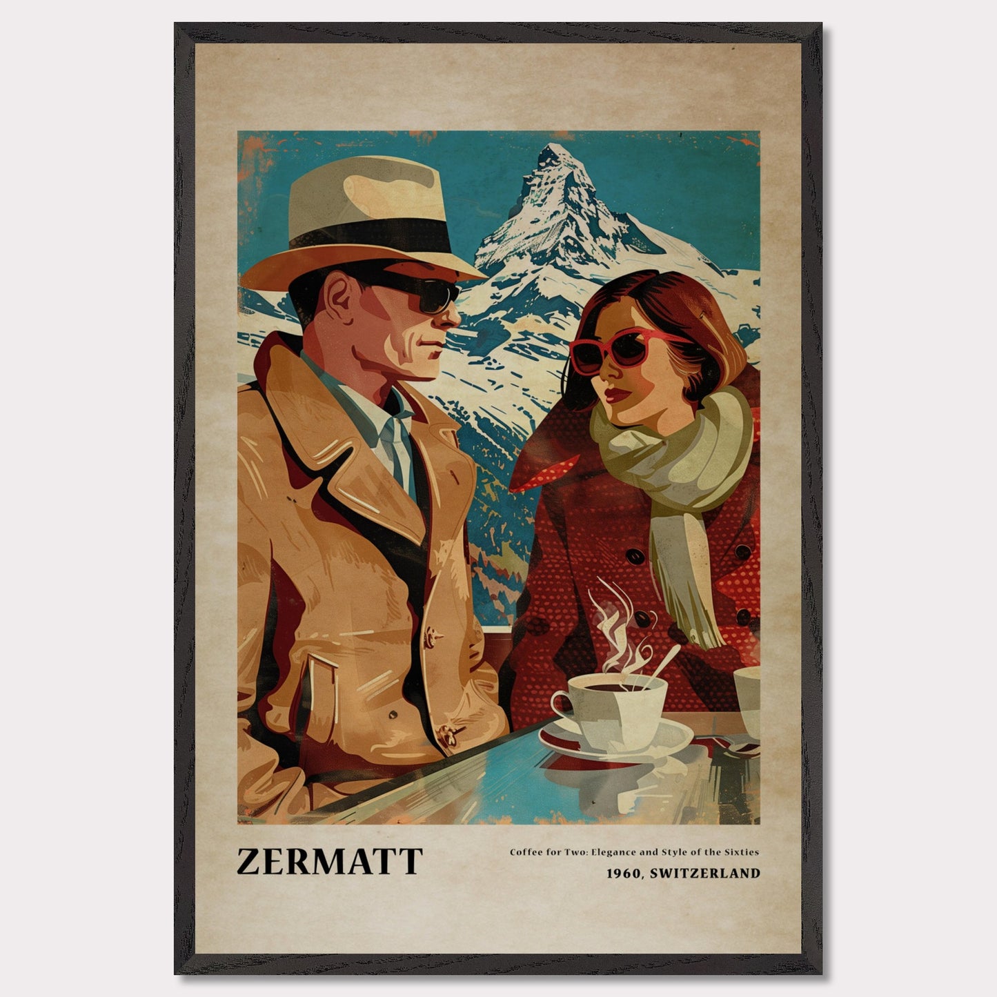 This vintage-style poster depicts a stylish couple enjoying coffee with a snowy mountain backdrop in Zermatt, Switzerland.