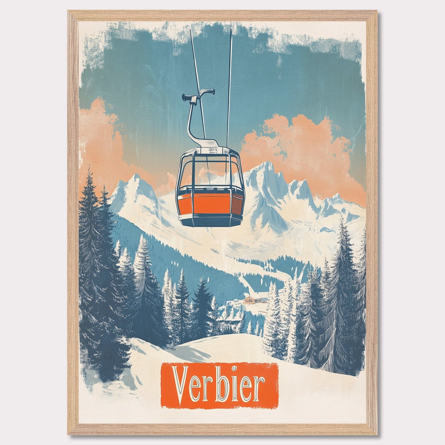 This picturesque retro-inspired poster showcases a vibrant orange gondola gracefully ascending the snowy mountainside of Verbier. The tranquil beauty of the landscape is captured with soft pastel tones in the sky, complemented by the rugged peaks in the distance. The modern gondola stands in contrast to the pristine, snow-covered trees, evoking a sense of peaceful adventure and the journey to the mountain’s summit. The vintage art style enhances the nostalgic vibe of alpine exploration.