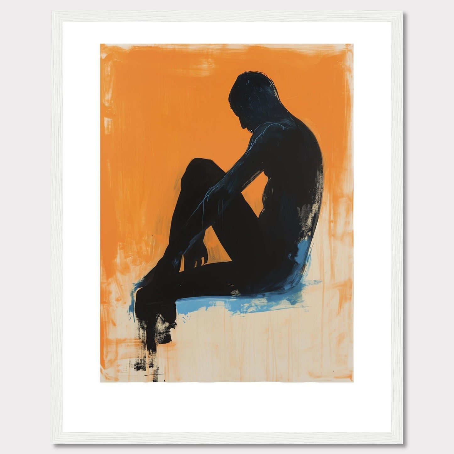 This striking artwork features a silhouette of a seated figure against a vibrant orange background, creating a powerful contrast. The figure is painted in dark tones with hints of blue, adding depth and emotion to the piece.