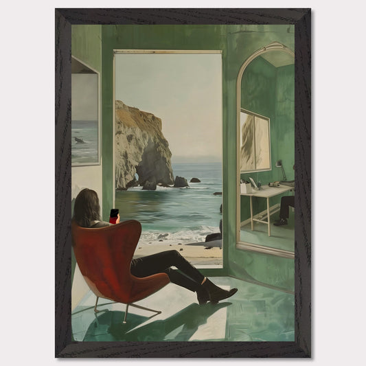 This captivating artwork depicts a serene coastal scene viewed from inside a room. A person is seated in a red chair, gazing out at the ocean through an open window. The reflection of another person working at a desk is visible in a large mirror on the right side. The room's green walls and floor create a calming ambiance, enhancing the peacefulness of the ocean view.