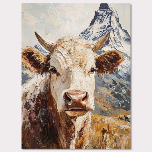 This vibrant poster celebrates the rustic charm of Swiss alpine life, featuring a close-up portrait of a majestic cow with the Matterhorn mountain towering in the background. The bold, textured brushstrokes create a painterly effect, bringing out the earthy tones of the cow and the dramatic snow-capped peak. This artwork reflects the connection between nature, rural traditions, and the iconic landscapes of Zermatt.