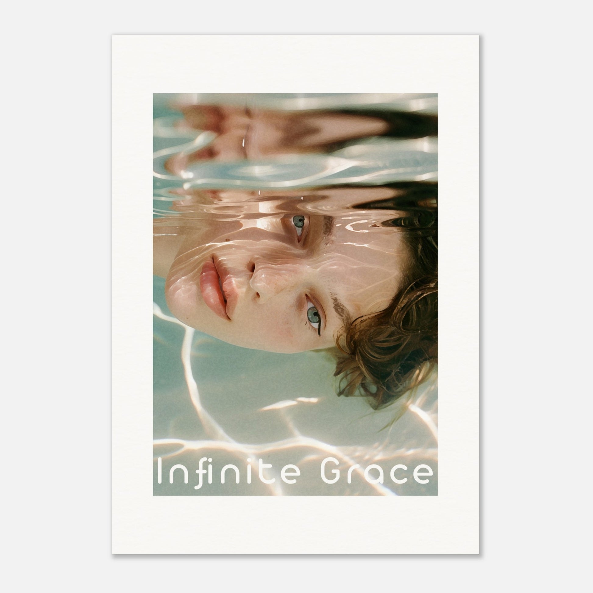 This is an illustration of a person's face partially submerged in water, creating a reflective and serene effect. The text "Infinite Grace" is displayed at the bottom of the image.

Where will this poster fit: This poster would fit well in a modern living room, a bedroom, or a creative studio space.