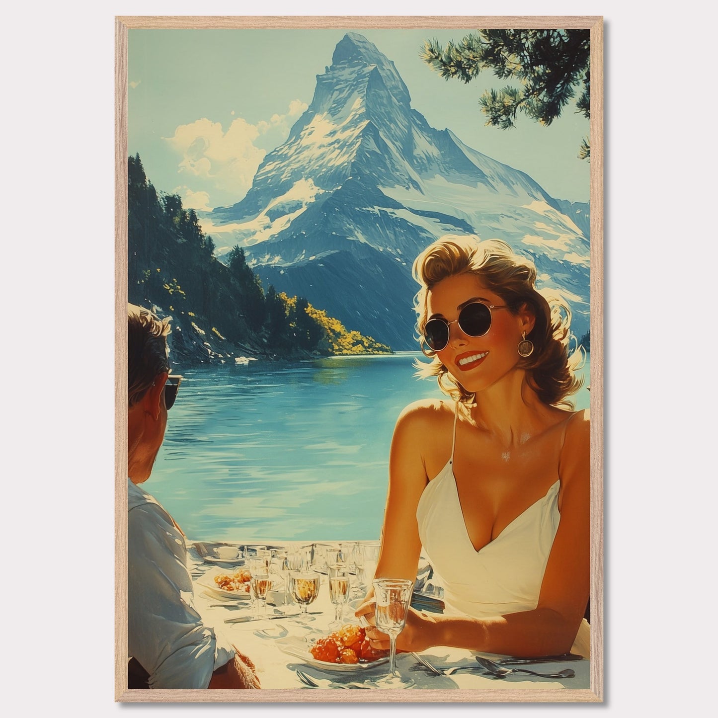 This illustration depicts a scenic outdoor dining setting by a lake with snowy mountains in the background. A woman in sunglasses and a white dress is smiling while holding a glass, and a man is sitting across from her.